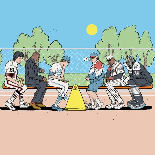 Baseball players and coach sitting on benches by fence under bright sun by Cat Sims