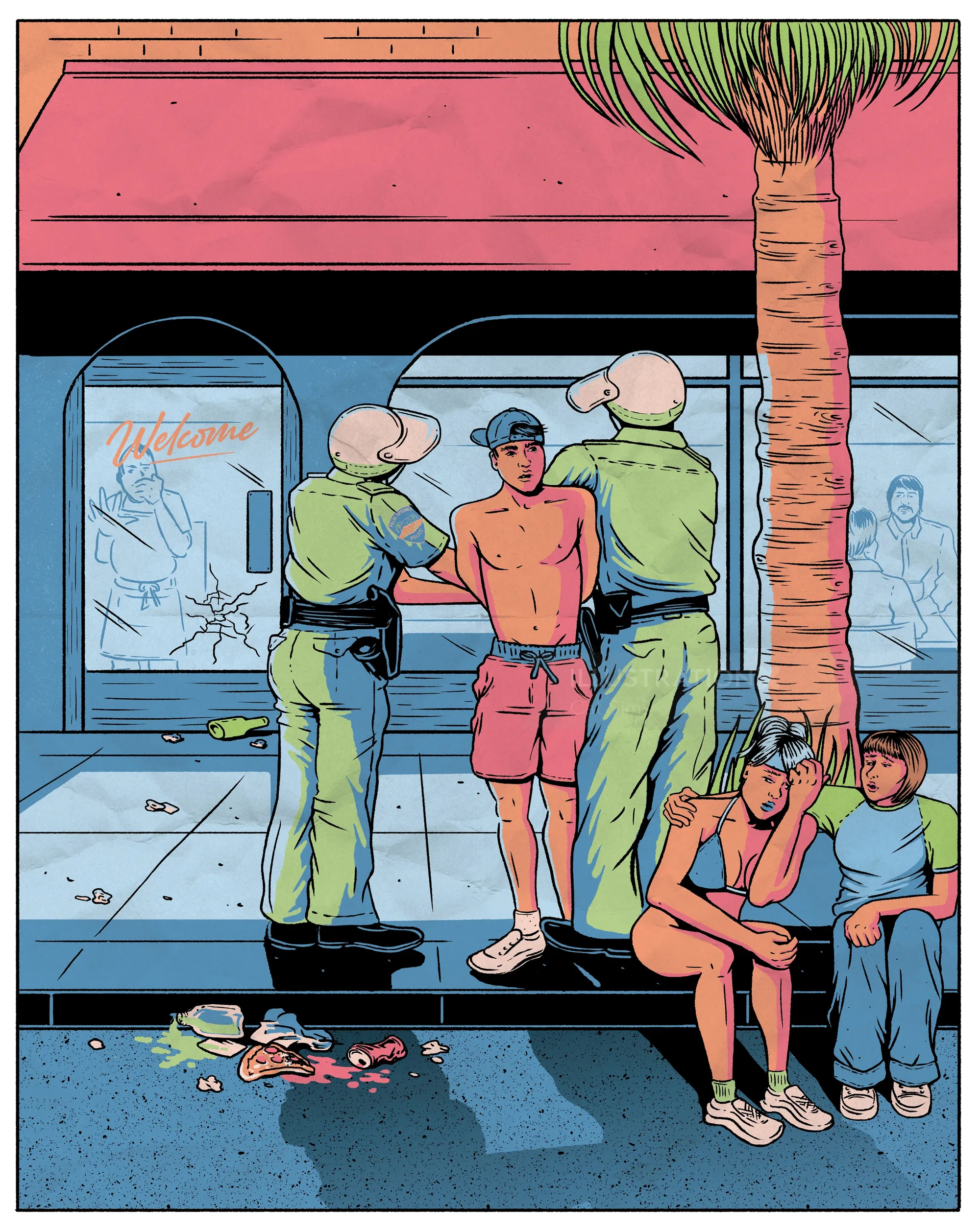 Man in red shorts arrested by two officers on sidewalk, children watching by tree by Cat Sims