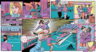 Grande mural em quadrinhos da loja Stratord da Adidas.