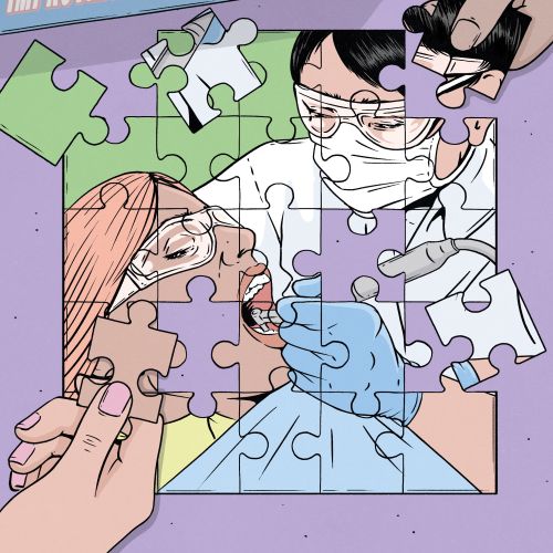 Medical puzzle being assembled featuring masked healthcare workers by Cat Sims