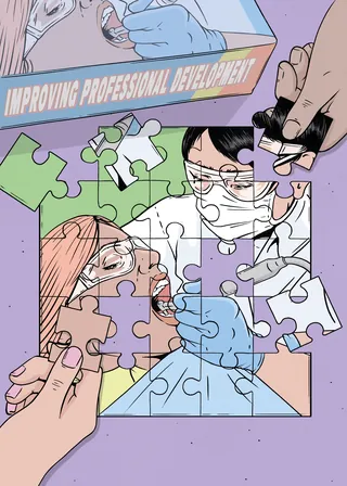 Medical puzzle being assembled featuring masked healthcare workers by Cat Sims