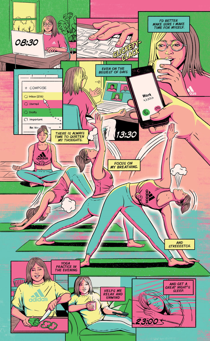 Exercise-themed comic for the Adidas LDN flagship store