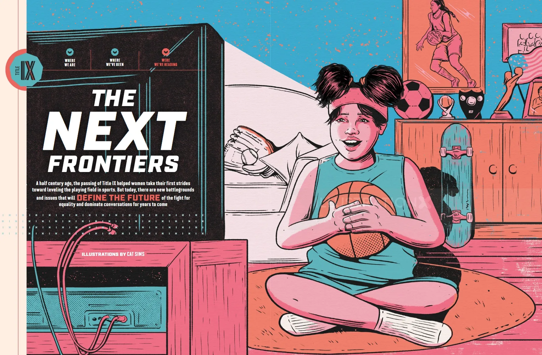 Girl with pigtails holding basketball indoors near retro game console by Cat Sims