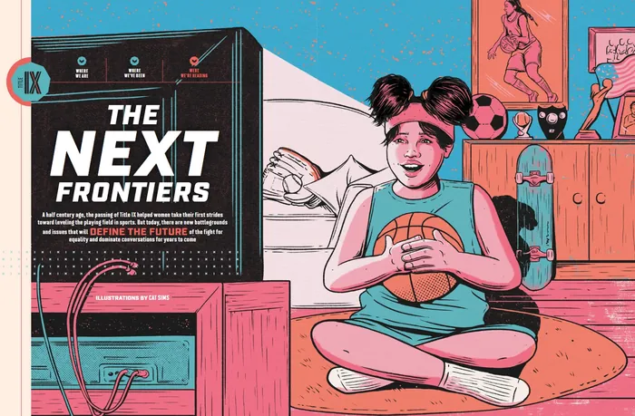 Girl with pigtails holding basketball indoors near retro game console by Cat Sims