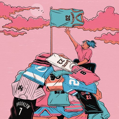 Person on pile of basketball jerseys raising a jersey on pole by Cat Sims
