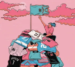 Person on pile of basketball jerseys raising a jersey on pole by Cat Sims