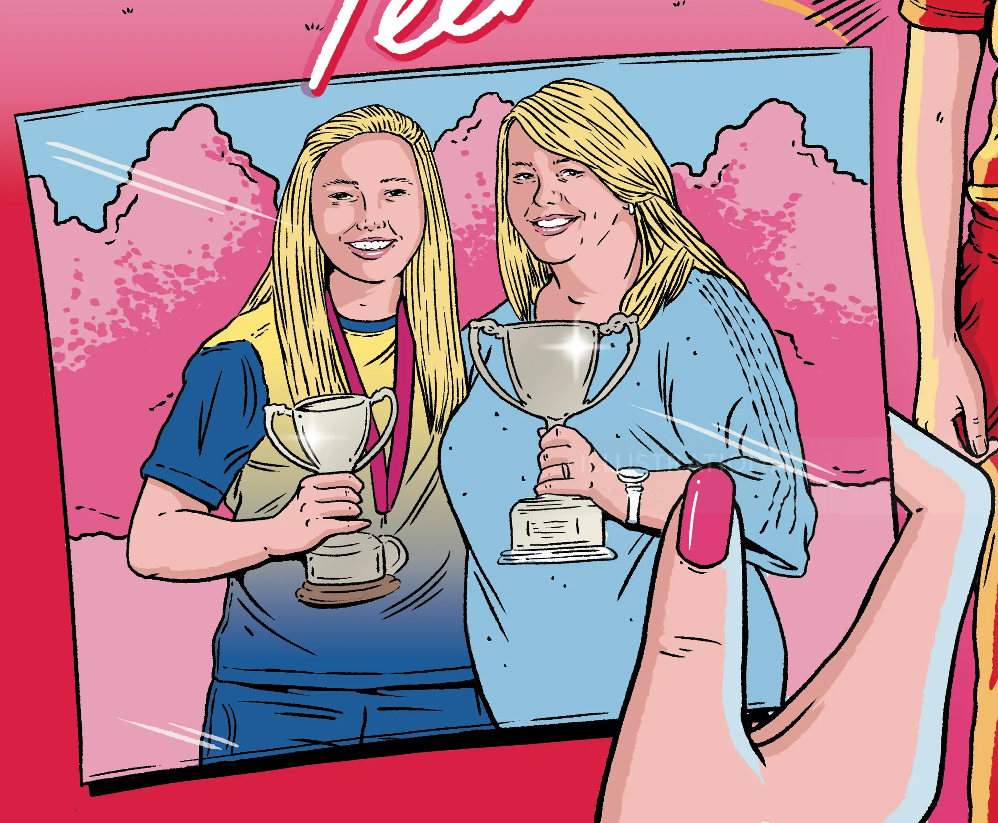 Ilustración de dos mujeres sosteniendo trofeos, por Cat Sims