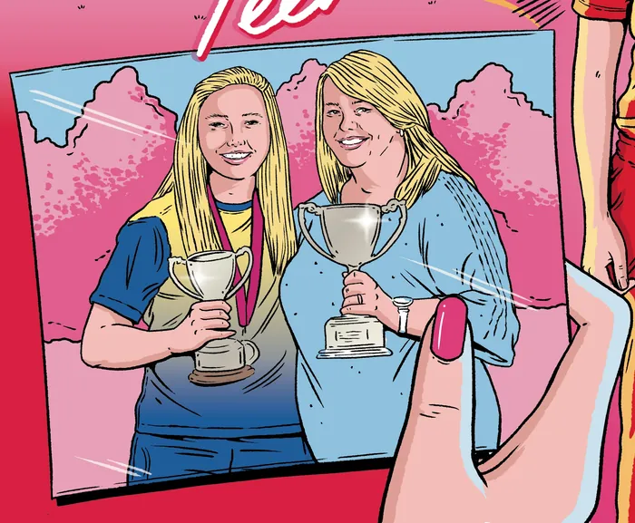 Illustration of two women holding trophies, by Cat Sims