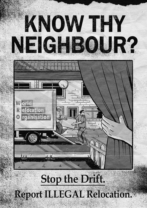 Vintage poster showing a moving truck and person with text about illegal relocation by Cat Sims
