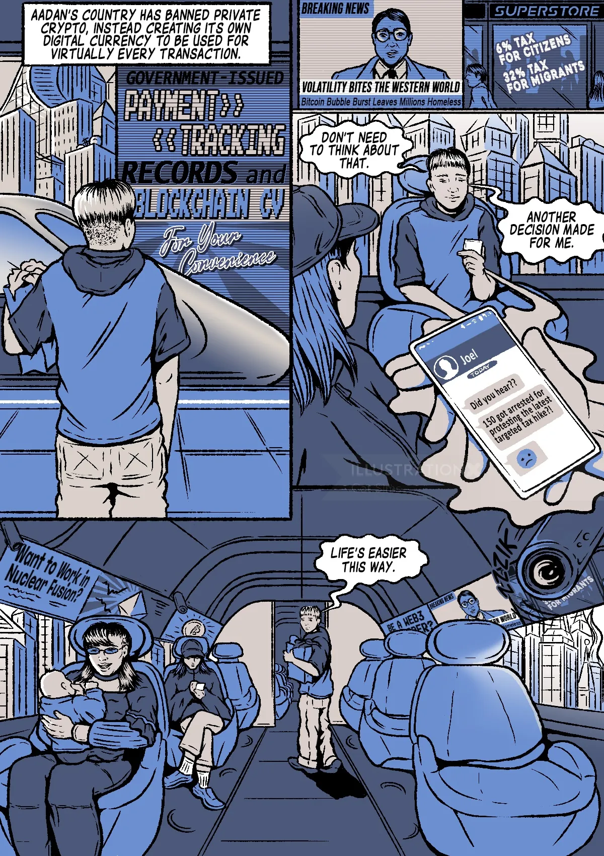 One-page comic on digital currency future 2035