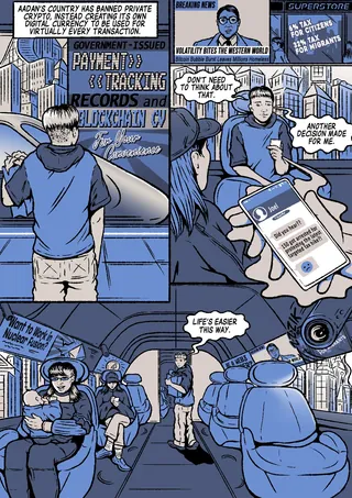 One-page comic on digital currency future 2035