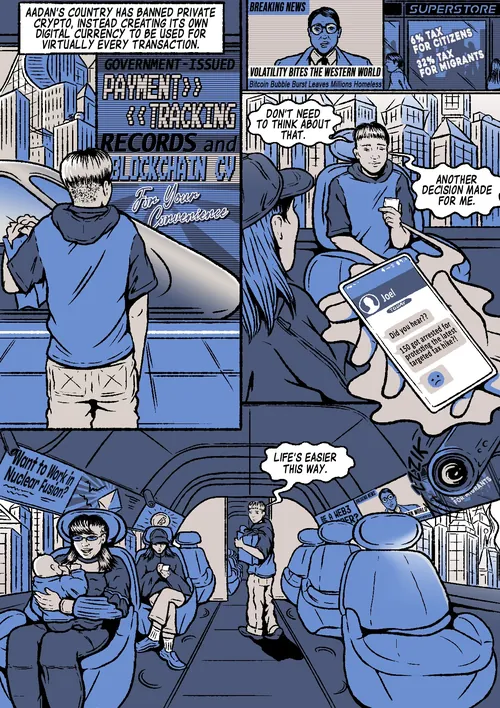 One-page comic on digital currency future 2035