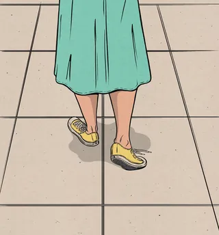 Illustration of legs wearing yellow shoes on tiled floor by Cat Sims