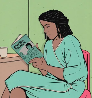 Person in hospital gown reading 'After Your Procedure' brochure by Cat Sims