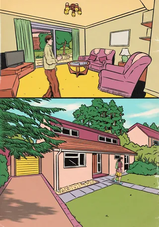 Modern house exterior and interior with person in living room by Cat Sims