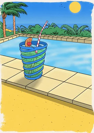 Drink with straw and fruit by poolside under sun, illustration by Cat Sims