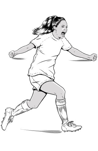 Design preto e branco de um jogador de futebol feminino