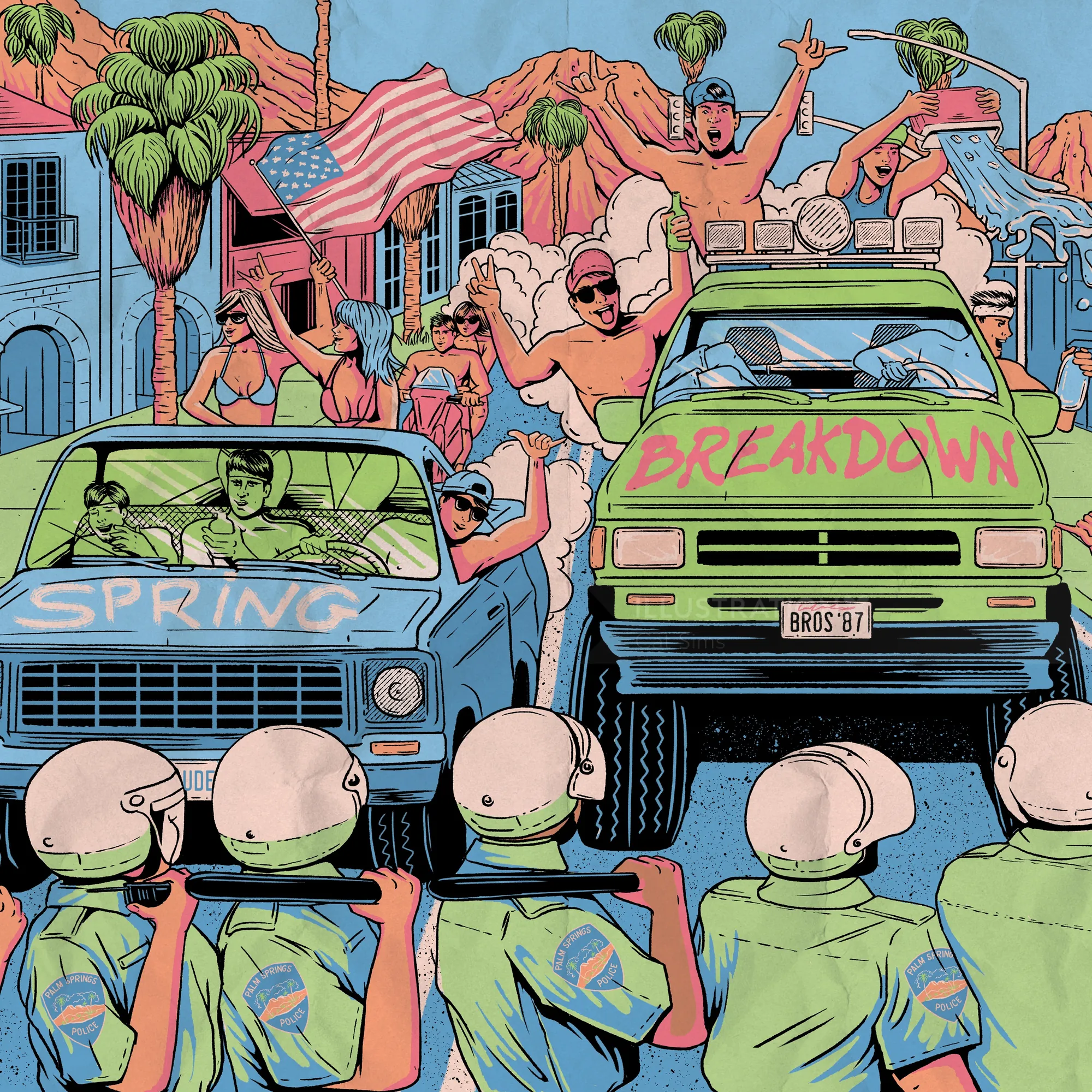 Colorful rally scene with cars and crowd, artwork by Cat Sims
