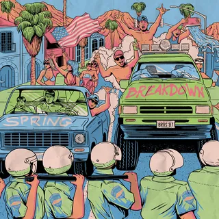 Colorful rally scene with cars and crowd, artwork by Cat Sims
