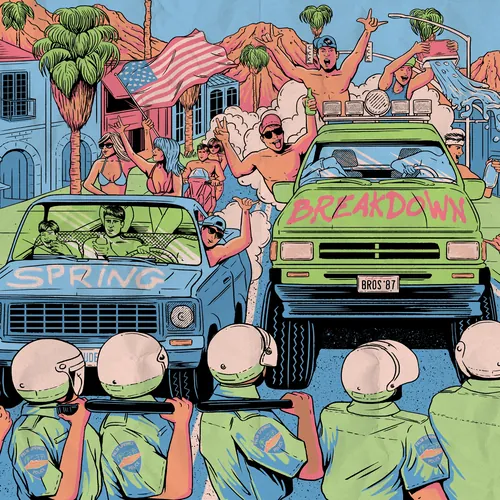 Colorful rally scene with cars and crowd, artwork by Cat Sims