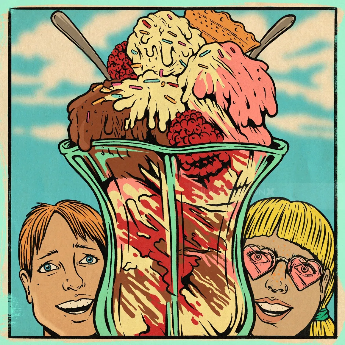 Colorful ice cream sundae with two faces smiling, illustration by Cat Sims