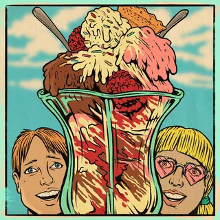Colorful ice cream sundae with two faces smiling, illustration by Cat Sims
