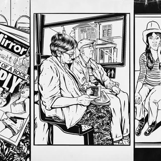 Black and white drawing of bus passengers by Cat Sims
