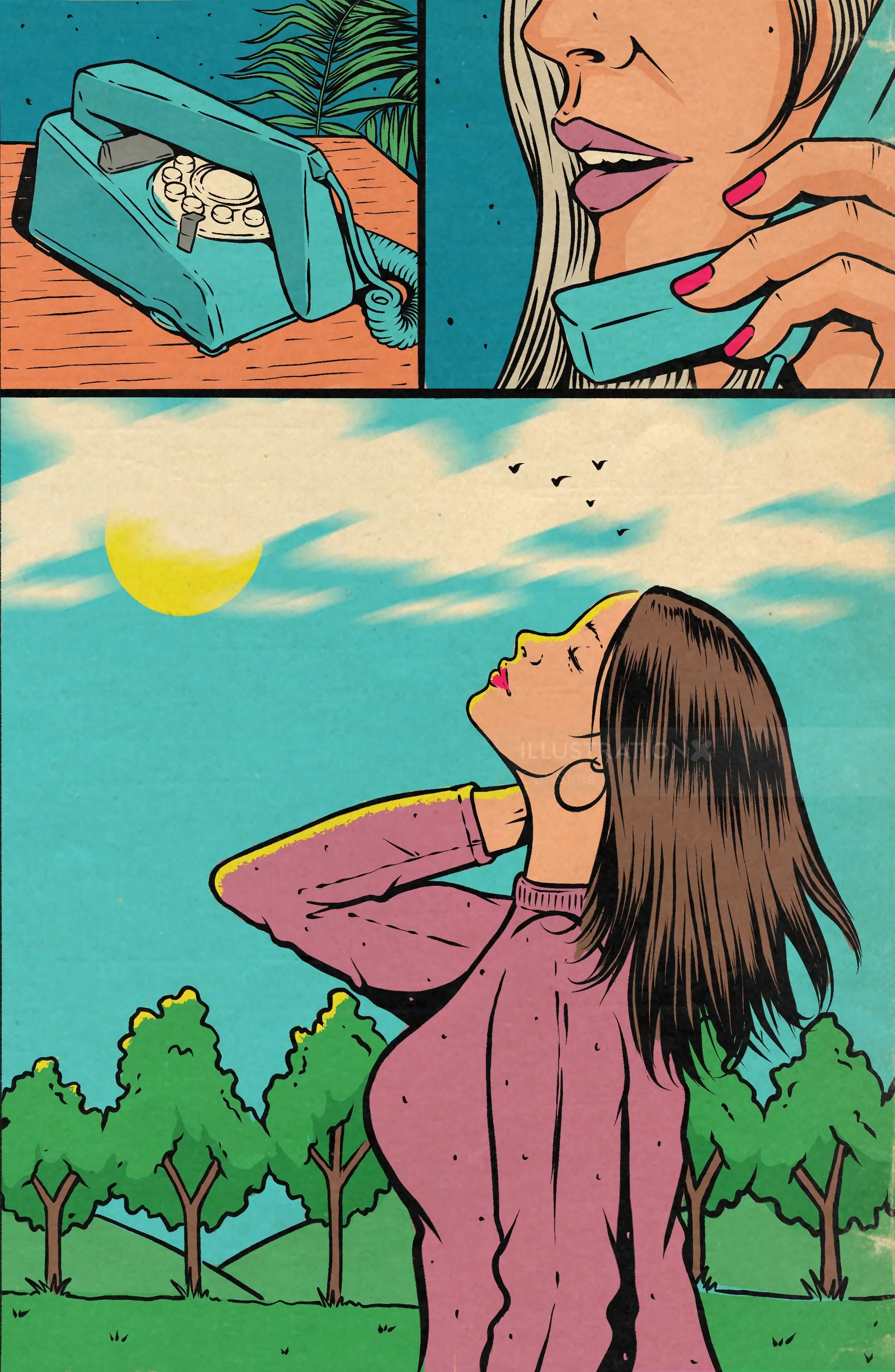 Woman holding a turquoise phone handset to her ear outdoors by Cat Sims