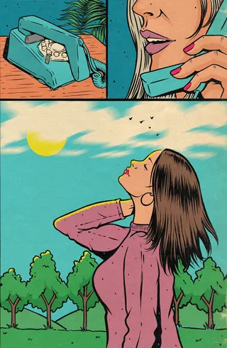 Woman holding a turquoise phone handset to her ear outdoors by Cat Sims