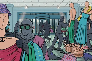 Theft in fashion store with mannequins and masked thief by Cat Sims