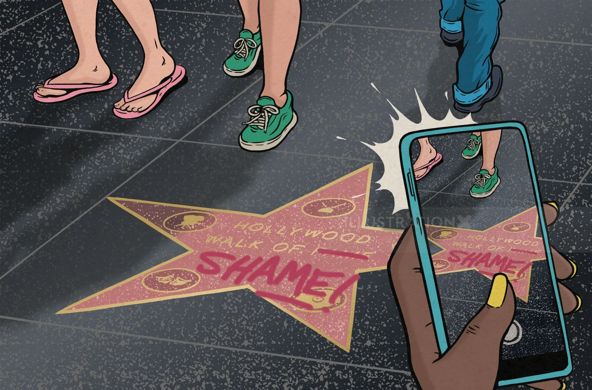 Hollywood Walk of Fame star labeled 'Shame!' with people around, illustration by Cat Sims