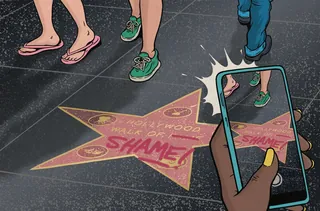 Hollywood Walk of Fame star labeled 'Shame!' with people around, illustration by Cat Sims