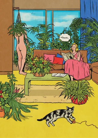 Room with woman reading on couch and another woman standing near plants