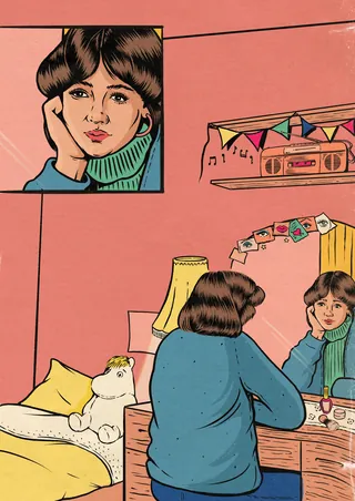 Woman looking at herself in a mirror with a cat on the bed