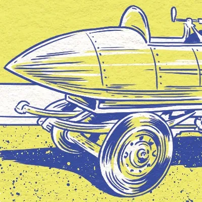 Yellow and blue streamlined racing car drawing by Cat Sims