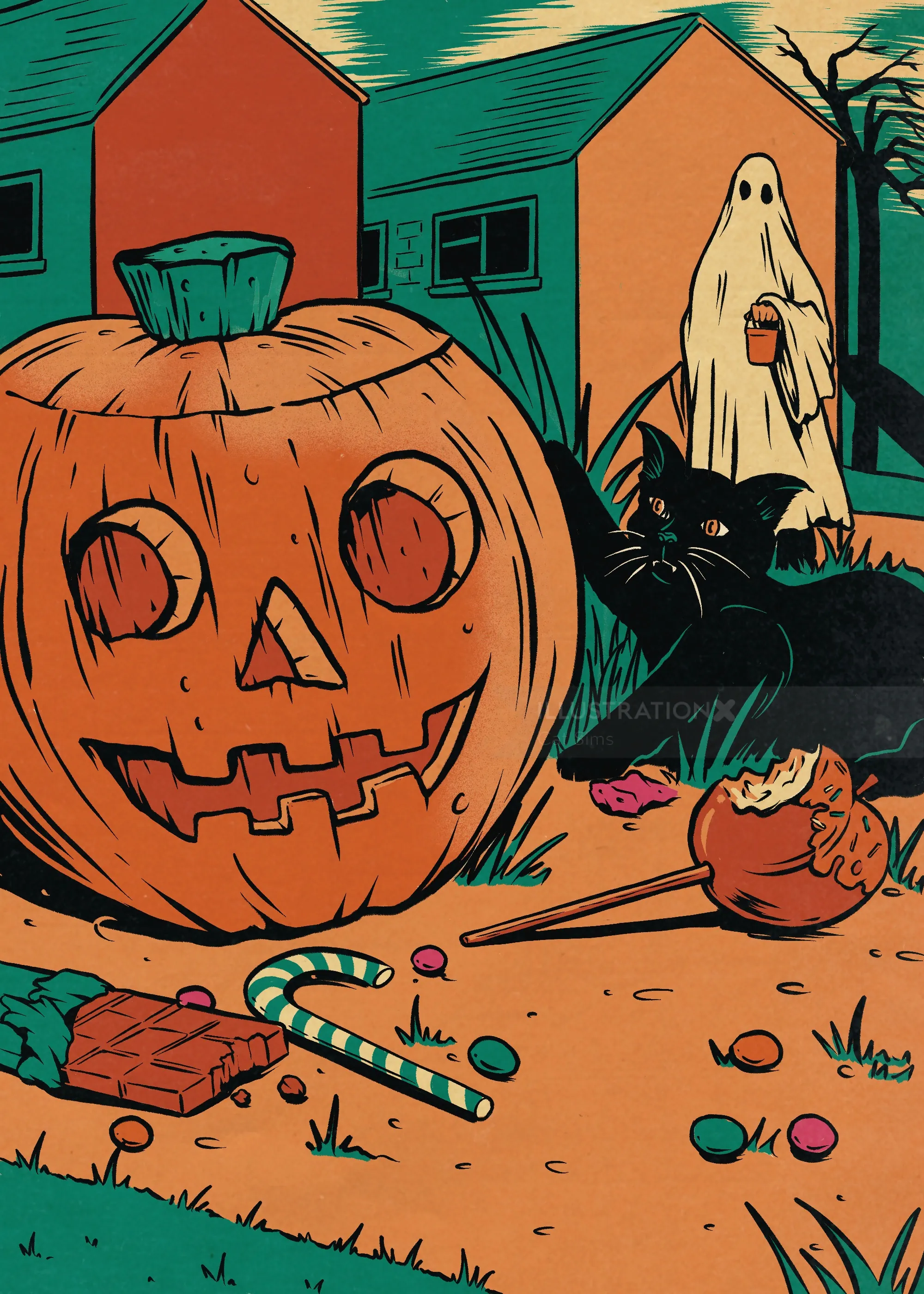 Jack-o'-lantern, ghost figure, black cat, and Halloween candies outdoors