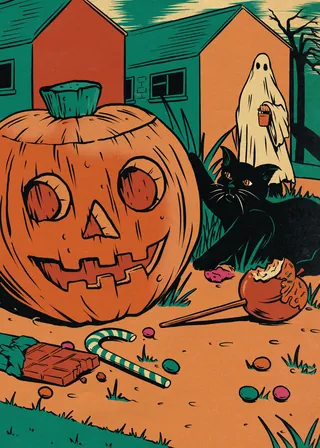 Jack-o'-lantern, ghost figure, black cat, and Halloween candies outdoors