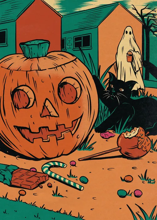 Jack-o'-lantern, ghost figure, black cat, and Halloween candies outdoors