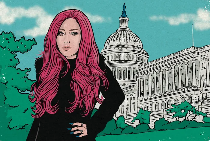 Illustration of woman with pink hair in front of US Capitol building