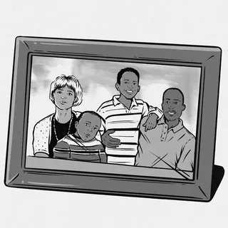 Framed black and white illustration of a family portrait