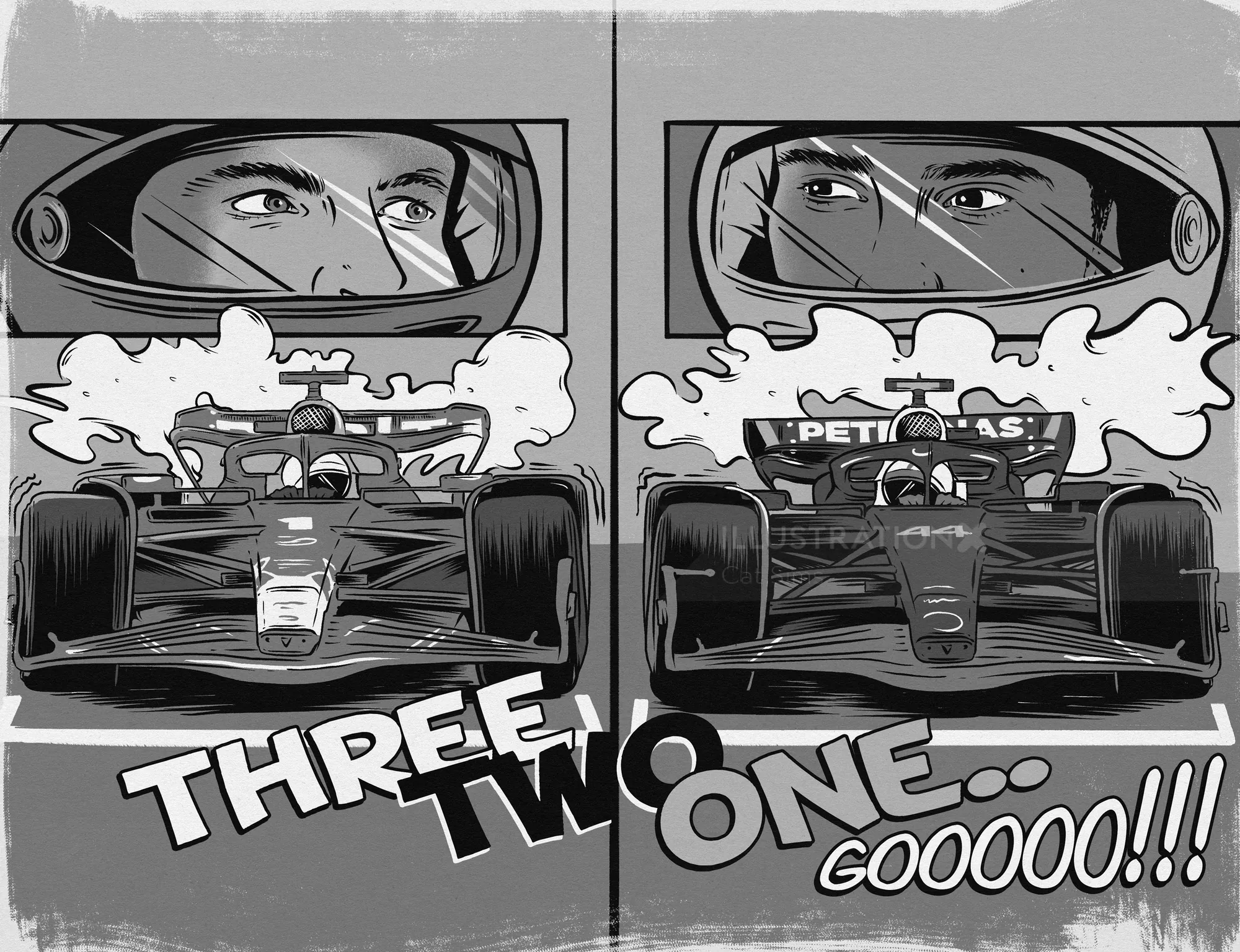 Black and white illustration of two Formula 1 drivers in cars with countdown text