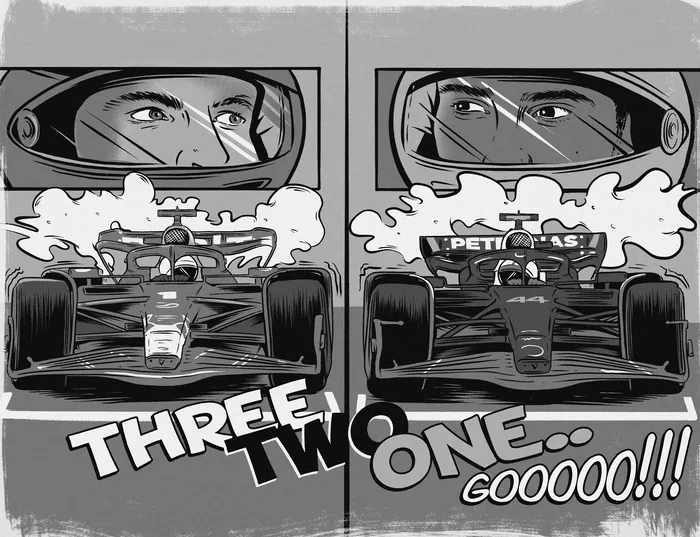 Black and white illustration of two Formula 1 drivers in cars with countdown text