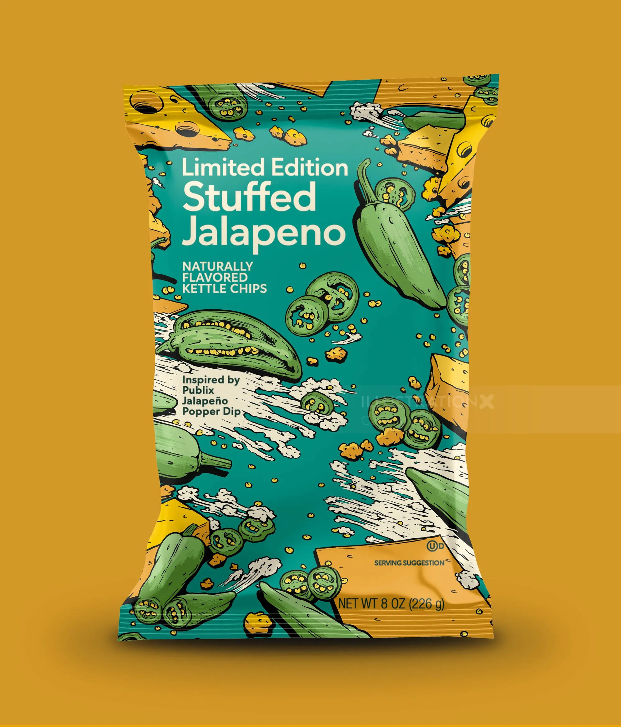 Packaging illustration of Stuffed Jalapeno chips by artist Cat Sims
