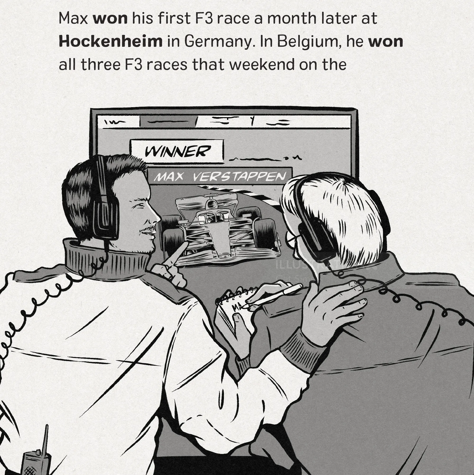 Two men watching Max Verstappen race win on TV