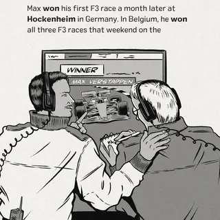 Two men watching Max Verstappen race win on TV