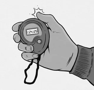 Hand holding a digital stopwatch displaying a time