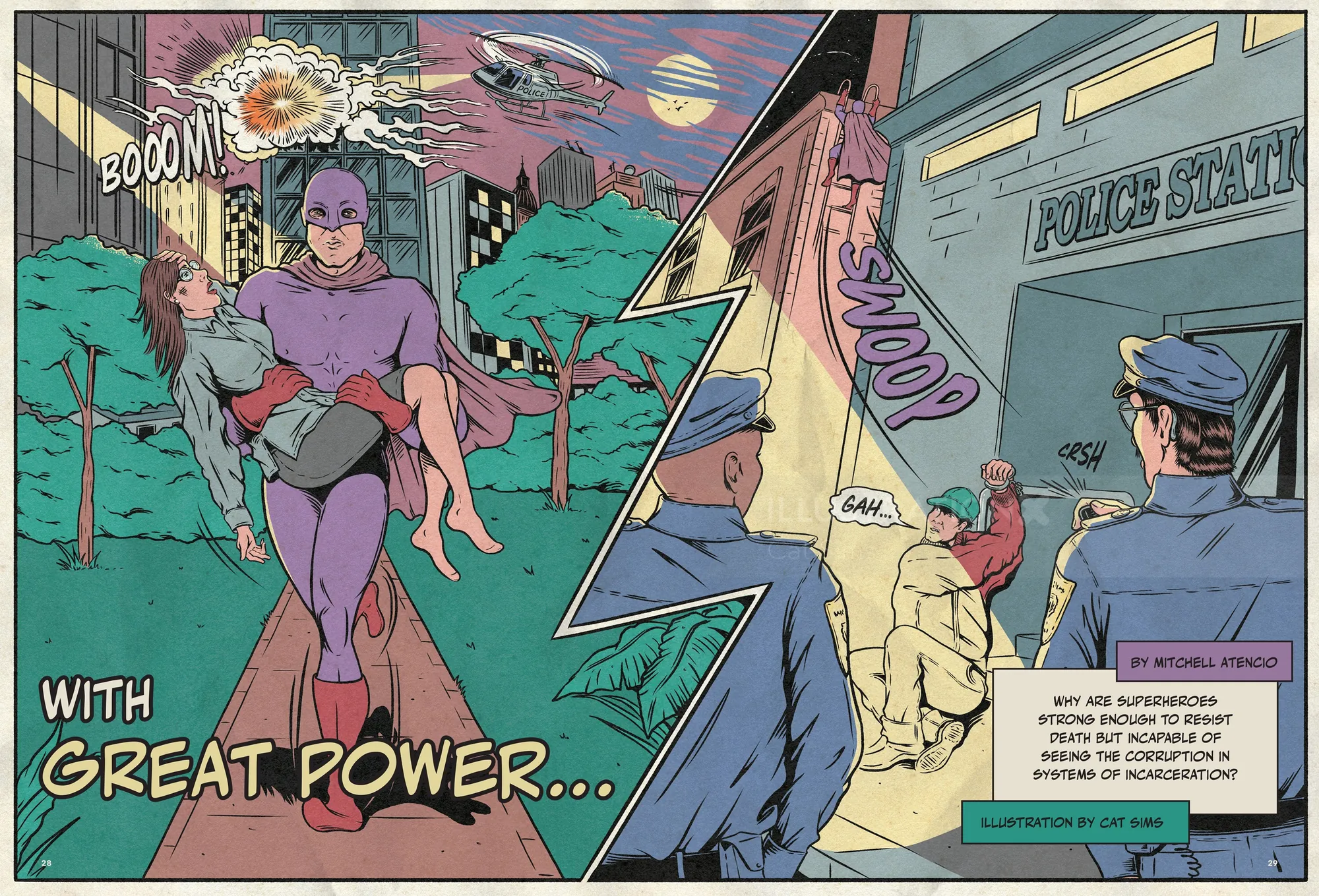 Superheroes editorial illustration Sojourners Magazine