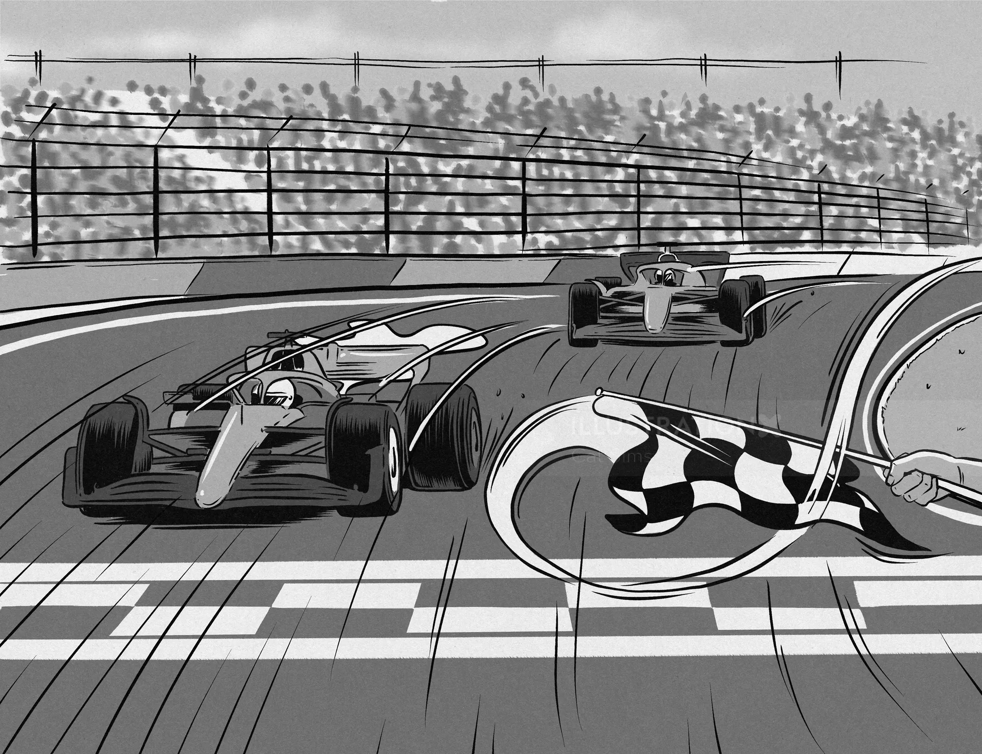 Illustration of two F1 race cars crossing the finish line