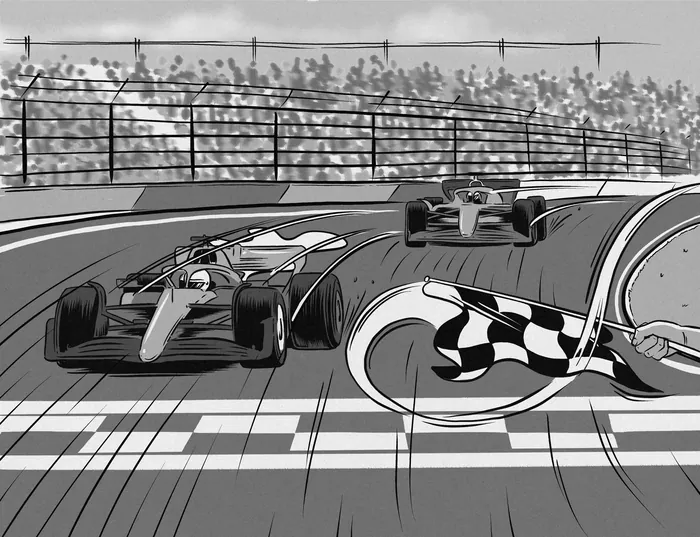 Illustration of two F1 race cars crossing the finish line