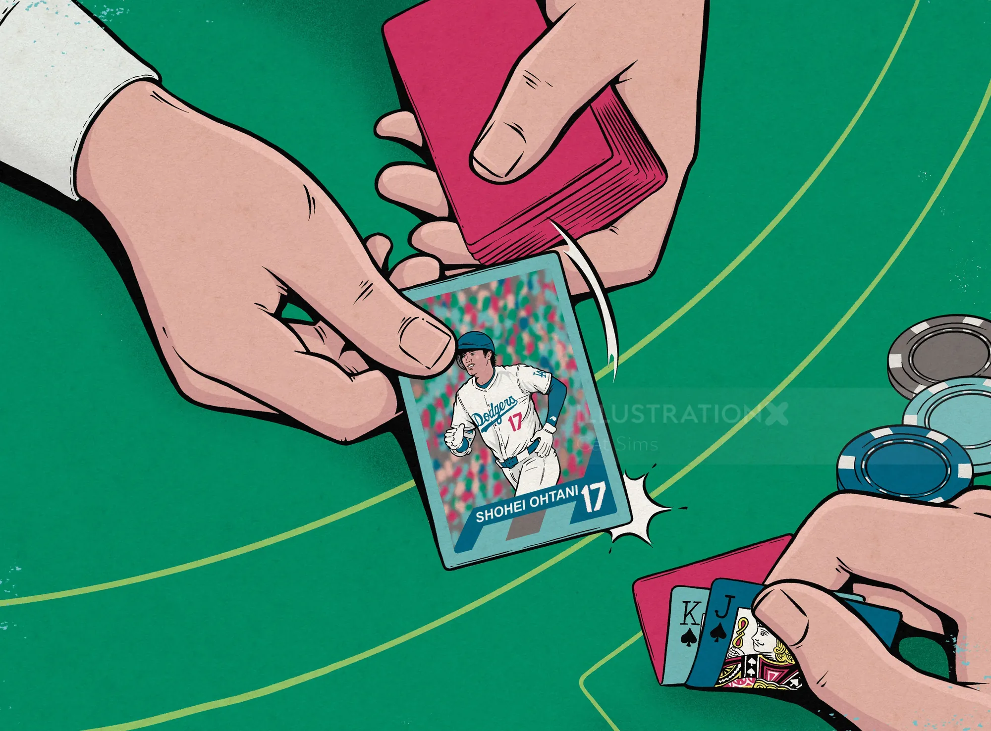 Hands exchanging a sports trading card near poker chips on a green table.